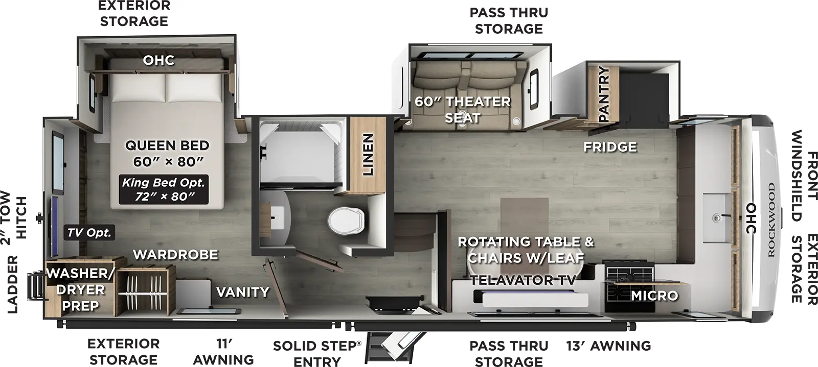 The Rockwood Signature Fifth Wheels 290SFK floorplan has one entry and three slide outs. Exterior features include: fiberglass exterior and 11' & 13' awning. Interiors features include: front kitchen and rear bedroom.